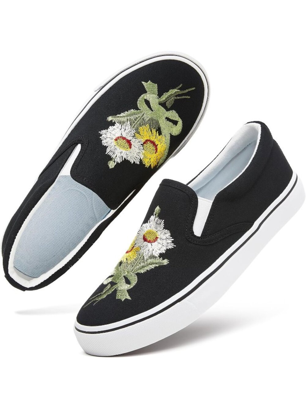 Women's Black Embroidery Flower Comfortable Low Top Slip on Loafer Sneaker Shoes - Picture 1 of 6